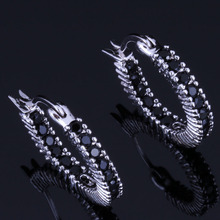 Graceful Round Black Cubic Zirconia Silver Plated Clip Hoop Huggie Earrings V0947 2024 - buy cheap