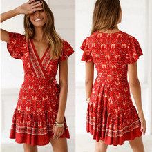 Vestido corto informal de verano con manga corta y cuello en V, minivestido estampado de cintura alta para mujer, con volantes, 2019 2024 - compra barato