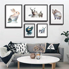 Nordic Poster Deer Rabbit Landscape Wolf Canvas painting Eagle Forest Aniamls Nature silhouette Wall Art Print Home Decoration 2024 - buy cheap