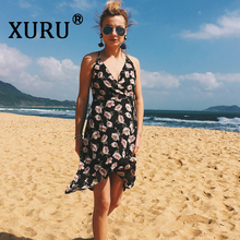 XURU-vestido de gasa con estampado para mujer, prenda sexy con tirantes, cuello en V, estilo bohemio, para vacaciones y playa 2024 - compra barato