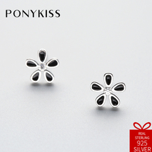 PONYKISS Vintage S925 Sterling Silver Zircon Black Flower Stud Earrings Women Prevent Allergy Jewelry Accessory Wedding Gift 2024 - buy cheap