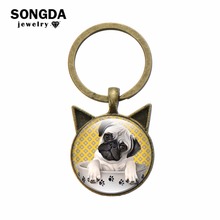 SONGDA Cartoon Pet Dog Bulldog Keychain Pug Animal Printed Glass Cabochon Keyring Toy Bag Charm Trinket Best Gift for Dog Lovers 2024 - buy cheap