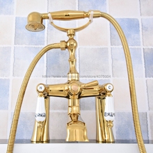 Bathtub Faucet Gold Color Brass Deck Mounted Bathroom Tub Faucet Dual Handle W/ Hand Shower Sprayer Tub Mixer Tap Ntf780 2024 - buy cheap