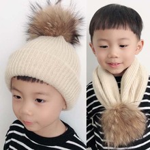 ¡Moda 2019! gorro de invierno para niños, gorro tejido de lana, bufanda de piel Real, sombrero de punto con pompones para niños 2024 - compra barato