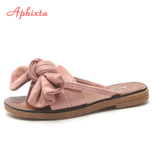 Aphixta-Zapatillas con lazo para mujer, chanclas de verano de mariposa de girasol, chanclas de casa, sandalias de taco plano, calzado de playa para mujer 2024 - compra barato