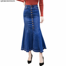 high waist denim skirt bodycon women 2018 korean fashion vintage pencil skirt single breasted long summer skirt mermaid skirt 2024 - buy cheap