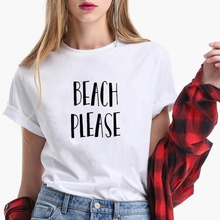Camiseta estampa praia por favor, verão, feminina, top, letras, manga curta, gola redonda, femme, preto, branco, solto, moda, grunge 2024 - compre barato
