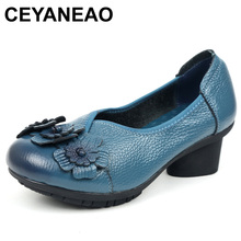 Ceyaneao-zapatos de piel auténtica hechos a mano de estilo Retro para mujer, zapatos de tacón grueso con flores, punta redonda, tacones altos Plus size1512, 2018 2024 - compra barato