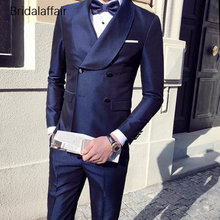 Мужской темно-синий смокинг KUSON, мужские свадебные костюмы для выпускного вечера, официальный деловой Блестящий облегающий мужской костюм, комплект из 3 предметов 2018 (пиджак + брюки + жилет) 2024 - купить недорого