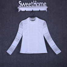 Blusas femininas elegantes de manga longa, plus size, algodão branco, slim, crochê, renda oca, tops, camisas para mulheres 2024 - compre barato