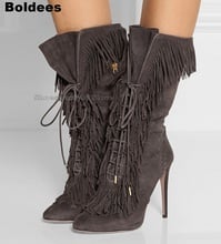 Fall Spring solid Suede grey color lace up fringed mid-calf boots pointed toe side zipper high heels tassels boots women booties 2024 - buy cheap