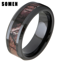 8mm preto masculino anel de cerâmica camo inlay camuflagem caça árvores polido masculino noivado casamento banda chanfrada 2024 - compre barato