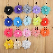 100 pcs/lot , Wholesale Mini Tulle Mesh flower with Rhinestone Pearl Center flat back 18 color hair accessory 2024 - buy cheap