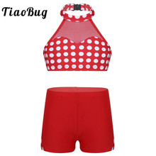 TiaoBug Kids Teens Polka Dots Mesh Splice Halter Ballet Gymnastics Shorts with Crop Top Children Girl Two-piece Dance Sports Set 2024 - buy cheap