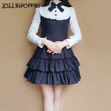 Vestido lolita feminino com babados, manga bufante, manga longa, gola redonda, estilo vintage 2024 - compre barato