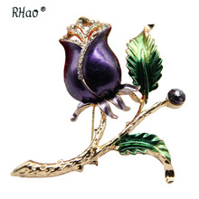 RHao Enamel purple Tulip Flower Brooches Corsage Green Leaf plant Brooch pins clothes accessories for Women Dress scarf clips 2024 - buy cheap