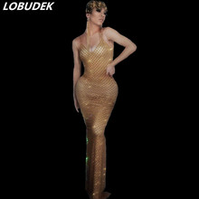 Women Party Dress Sleeveless Gold Rhinestones Skinny Long Dress Nightclub Bar Singer Concert Stage Wear Prom Lady Catwalk Dress 2024 - buy cheap