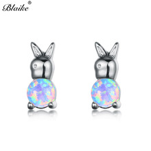 Blaike Cute Rainbow Rabbit Stud Earrings For Women 925 Sterling Silver Round White Blue Fire Opal Earrings Female Christmas Gift 2024 - buy cheap