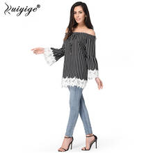 Ruiyige 2018 Striped Pattern Sexy Strapless Black White Blouse Girls Top Casual Long Sleeve Lace Decor Slash-Neck Summer Blouses 2024 - buy cheap