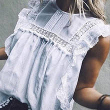 Hollow Out Women's Lace Shirt White Ruffles Sleeveless Patchwork O-Neck Feminine Blusa Blouse 2020 Summer Ladies Shirts Top 2024 - buy cheap