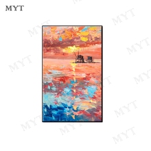 Free shipping Hand Painted Wall art Picture Abstract sunset boat on sea Oil Painting on Canvans art for Living room Home Decor 2024 - buy cheap