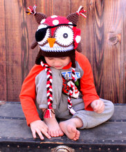 Crochet pirate owl hat,beanie,cap, animal hat, red polka dot bandana, earflaps with braids, brown,handmade for infant 2024 - buy cheap