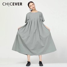 CHICEVER Summer Casual Solid Women Dress O Neck Short Sleeve Pockets Loose Plus Size Mid Calf Straight Dresses 2020 Fashion New 2024 - buy cheap