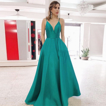 2019 Long Evening Dresses With Pocket Spaghetti Strap A Line Backless Hunter Green Satin Formal Party Gowns Robe De Soiree 2024 - buy cheap