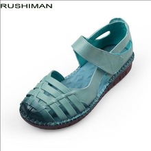 RUSHIMAN 2021 New Style Handmade Genuine Leather Flat Shoes Summer Sandals Women Casual Solid Hollow Out Flat Women Sandals 2024 - buy cheap