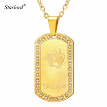 Zodiac Sign Dog Tag For Men/Women Jewelry Rhinestone Gold Pendant Necklace Constellation Jewelry Gift Taurus Necklace GP3601 2024 - buy cheap