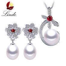 Hot Selling Women 100% Natural Freshwater Pearl Jewelry Sets Fashion Red Zircon 925 Sterling Silver Flower Pendant+Earrings 2024 - buy cheap