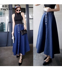 TingYiLi Button Front Long Denim Skirt Jeans Saias A Line Casual Maxi Skirt With Pockets Women Summer Style Jean Skirt Long 2024 - buy cheap