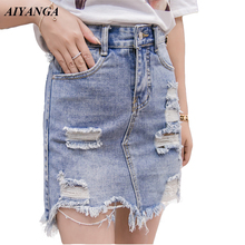 AIYANGA Distressed Pencil Skirt Blue Denim Women Sexy Casual 2019 Summer Skirts Fashion New Ripped Pockets Bodycon Skirt 2024 - buy cheap