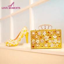 Свадебные туфли золотистого цвета со стразами; великолепный свадебный цветок с кристаллами; модельные туфли с сумочкой в комплекте; подарок для жены; туфли-лодочки для выпускного вечера 2024 - купить недорого