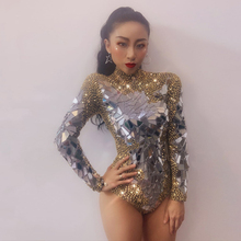 Women New Sexy Sparkly Gold Rhinestones Mirrors Shining Bodysuit Birthday Celebrate Outfit DJ Singer Show Dance Stretch Outfit 2024 - buy cheap