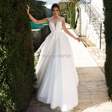 A Line Свадебные платья 2019 без рукавов с кружевным орнаментом цветы свадебные платья, платья невесты тюль Vestido De Noiva 2024 - купить недорого