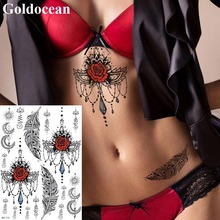 GoldOcean Black Henna Pendants Feather Rose Fake Tattoo Stickers Body Waist Arm Tattoos Temporary Waterproof India Custom Tato 2024 - buy cheap