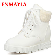 ENMAYLA новые женские ботильоны высокая обувь на шнуровке женские зимние ботинки на меху ботинки на платформе на плоской подошве с круглым носком белые полуботинки 2024 - купить недорого