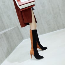 YMECHIC Big Size Ladies Patchwork High Heels Pointed Toe Sexy Knee High Boots Black Brown Female Shoes Winter Riding Botas 2018 2024 - buy cheap