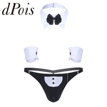 3Pcs Mens Waiter Suit Open Back Tuxedo G-string Thong Underwear with Bow Tie Collar Roleplay Costumes 2024 - buy cheap