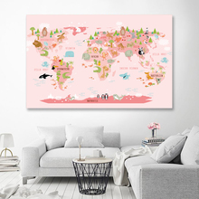 Carteles e impresiones de mapa del mundo de animales del bosque, decoración de guardería, mapa de acuarela con animales, pintura en lienzo para habitación de niños, arte de pared 2024 - compra barato