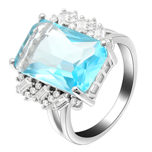 Hd 2019 anel feminino de zircônia azul céu, grande quadrado, joia para mulheres, presente de casamento, noivado, pedra de cristal, cor de prata 2024 - compre barato