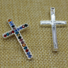 Conector de Cruz de diamante de imitación, accesorio de aleación de Zinc chapado en plata, 40x22mm, Diy, collar y pulsera, conectores para fabricación de joyas 2024 - compra barato