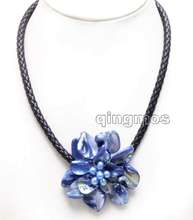 Big 70mm Dark Blue Baroque Shell Flower and Natural Pearl pendant Black 6mm Rope 18'' Necklace-nec6359 2024 - buy cheap