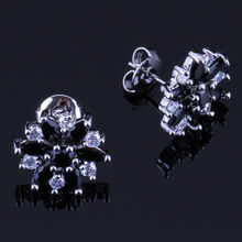 Noblest Flower Black Cubic Zirconia White CZ Silver Plated Stud Earrings V0387 2024 - buy cheap