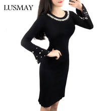 Knitted Pencil Dresses Women Autumn 2018 New Arrival Slim Sweater Dress Flare Long Sleeve Fashion Beading Bodycon Dress Black 2024 - buy cheap