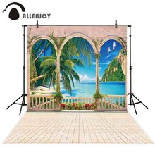Allenjoy-Fondo de fotografía con arco, suelo de ladrillo, vacaciones de verano, mar, montaña, gaviota, photocall 2024 - compra barato