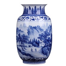 Vaso de flores de porcelana pintado à mão chinês criativo azul e branco rio e montanha padrão, vaso de mesa decoração para casa e escritório 2024 - compre barato