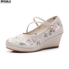 Chinese Ethnic Embroidery Women Pumps Cotton Fabric Buckle Strap Wedges Shoes Woman Floral Embroidered Single Shoes Zapatos 2024 - buy cheap