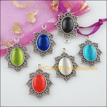 12 New Flower CatEye Stone Connectors Mixed Charms Tibetan Silver Pendant 23x29mm 2024 - buy cheap